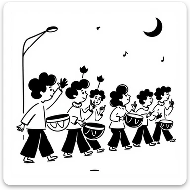 group waking up the neighborhood for sahur with drums, crescent moon in background sticker