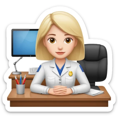 one white woman employee sitting in front of the desk sticker