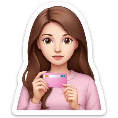 Femme au cheveux long et châtain qui tient une carte bancaire rose pale  sticker