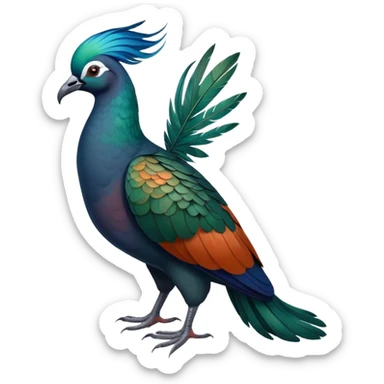 Nicobar pigeon with iridescent blue-green feathers, long neck feathers, bright orange beak, and white tail sticker