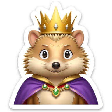 king hedgehog portrait, head and shoulders only, wearing a small golden crown, royal cape collar, proud confident expression, cute spiky fur details, fantasy royal vibe, 3D cartoon, mobile game icon style, clean background, no text, no watermark
 sticker
