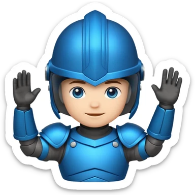 "Cute chibi-style armored hero sticker, oversized helmet, small body, glowing blue eyes, friendly waving pose, bold outlines, saturated colors, isolated on a plain white background, 2D cartoon style." sticker