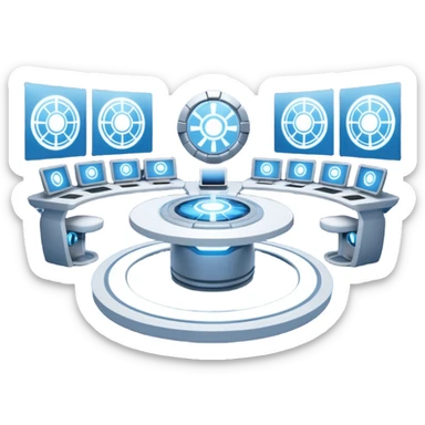 A futuristic workspace powered by an arc reactor, glowing blue and white, with holographic screens displaying creative content. Dynamic, high-tech, and inspired by Iron Man. sticker