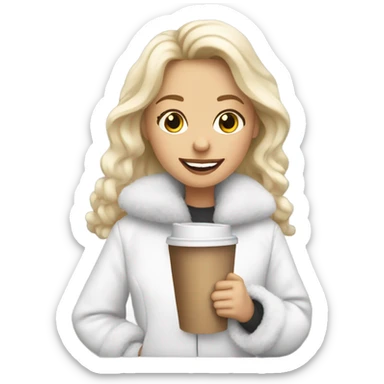 blonde girl wearing white fluffy jacket and a coffee to go in hand all dress white sticker
