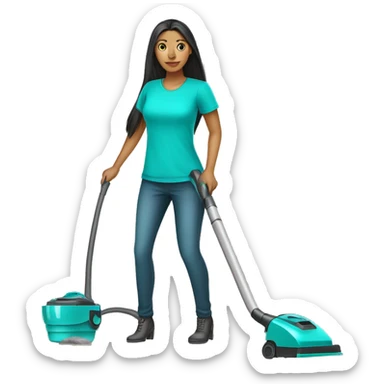 woman cleaner with light skin and long dark straight hair in turquoise color t-shirt. She working with vacuum cleaner sticker