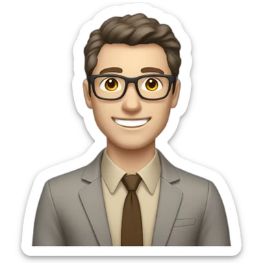 Joyful Pale skinned Fit Man With dark brown hair in gray jacket, beige office shirt, Brown pants and vintage glasses. His thrumbs up sticker
