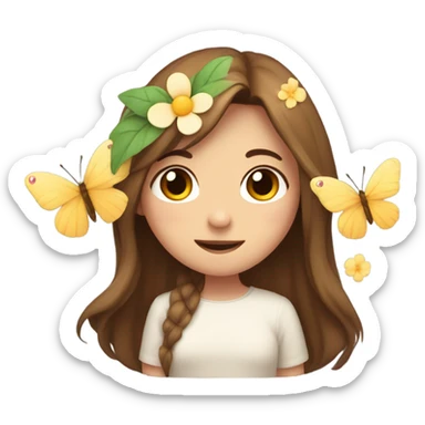 shy uwu  long brown hiar emojis with flower and butterfly sticker