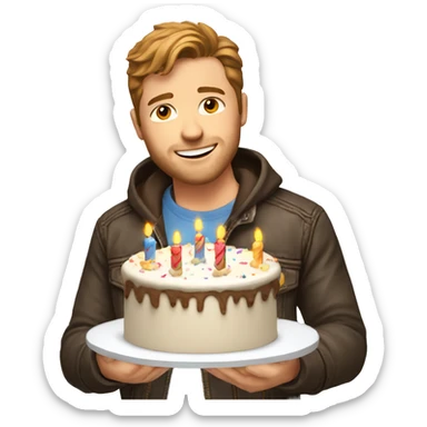 White man brown hair jeans jacket with birthday cake sticker