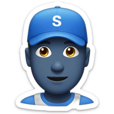 A Men with a blue cap and with the white letters S and K in his blue tshirt sticker