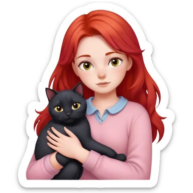 
a girl with red hair in pastel clothes hugs a black British cat sticker