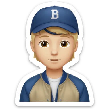 emoji of a teenage boy, straight blonde hair, wearing a baseball cap and jacket, friendly expression sticker