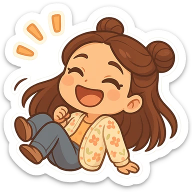 Create a chibi sticker of the girl from the reference image rolling on the floor laughing. She has brown straight hair styled in double buns, brown eyes, wearing a pastel floral cardigan and jeans. The sticker should have a white outline and a transparent background, sized 512x512px. sticker
