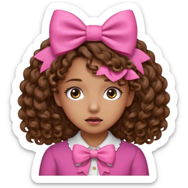 Curly hair brown hair tan skin girl, Pleading Face emoji, using pink bow sticker