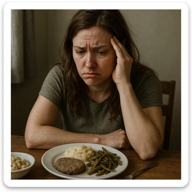 hyper realistic woman with a frustrated or discouraged expression, feeling discomfort, sitting in front of unappealing food, detailed realistic scene, atmosphere of unease sticker