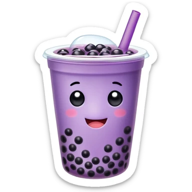 Purple bubble tea cup with a cute face and black tapioca pearls inside sticker