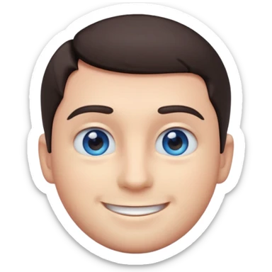 Cute 3D emoji of a smiling man with short dark hair and blue eyes, round face, simplified features, oversized glossy eyes, soft gradient shading, pastel tones, clean vector style, smooth edges, minimal background, transparent PNG, sticker icon sticker