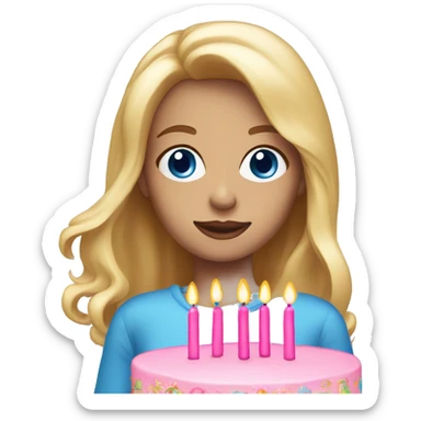 Woman with long blonde hair and blue eyes holding a pink birthday cake  sticker