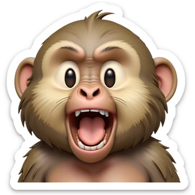 Cinematic Realistic Cute Yawning Baboon Portrait Emoji, Head tilted slightly with a dramatic, wide-open yawn, showcasing a soft, textured face with gently drooping features and half-closed, drowsy eyes, rendered with lifelike natural detail and warm shadows, high shine, relaxed yet expressive, styled with a dash of wild charm, soft glowing outline, capturing the essence of a sleepy yet affectionate baboon that appears ready to stretch out for a hearty nap! sticker