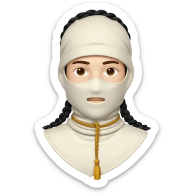 Ultra-detailed studio shot of a post-apocalyptic off-white balaclava — deconstructed, frayed, layered, with braided rope tassels and subtle embroidery. Minimalist white background, soft lighting, sharp focus. High-fashion streetwear aesthetic. sticker