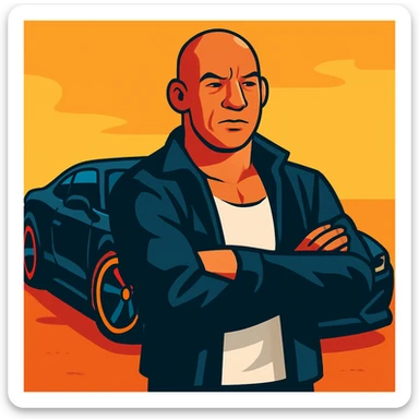 Vin Diesel in a white tank top and black jacket, black sports car behind him, stylized illustration sticker