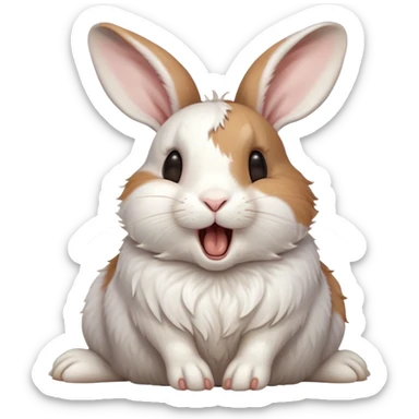 Cinematic Cute Yawning White and Brown Rabbit Portrait Emoji, Head tilted slightly with a dramatic, wide-open yawn, showcasing a soft, patterned fur with crisp white and warm brown patches, floppy ears slightly drooping, round eyes barely open in drowsy contentment, Simplified yet irresistibly adorable features, highly detailed, glowing with a soft, cozy glow, high shine, relaxed yet expressive, stylized with a touch of whimsy, bright and endearing, soft glowing outline, capturing the essence of a sleepy yet affectionate bunny, so drowsy it feels like it could stretch out of the screen and curl up for a nap! sticker