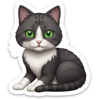 beautiful female solid dark grey cat with green eyes, white toes/paws and white patch on her chest rolling over sticker