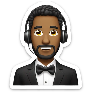 A guy in tuxedo having sor tried beard and wearing headphones sticker