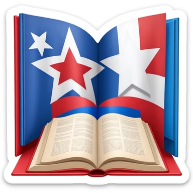 Open book about theatrical scenography with the Puerto Rican flag integrated into its pages, showing theater stage designs in red and blue colors with a white star sticker