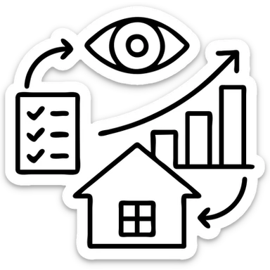 Ícono de real estate que refleje que trabajamos con una estrategia personalizada con visión de ROI y que nuestro método de trabajo nos permite ayudarte a tomar decisiones basadas en datos, rentabilidad y lifestyle. sticker