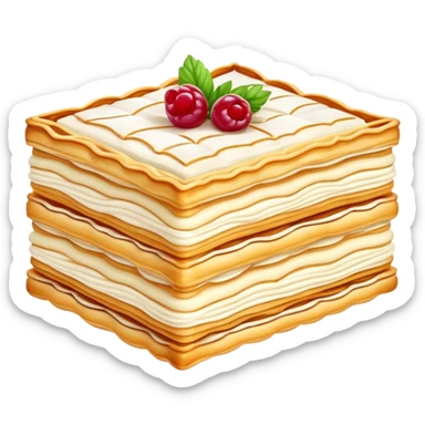 mille-feuille-cinematic-realistic-mille-feuille-dessert-emoji,-depicted-as-a-rectangular delicate-pastry-composed-of-two-crisp-layers-of-puff-pastry-with-a-rich-cream-filling,-rendered-with-intricate-textures-and-elegant,-soft-lighting. Please only show two layers only. sticker
