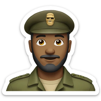 Man with side part hair on forehead, army hat and beard under nose sticker