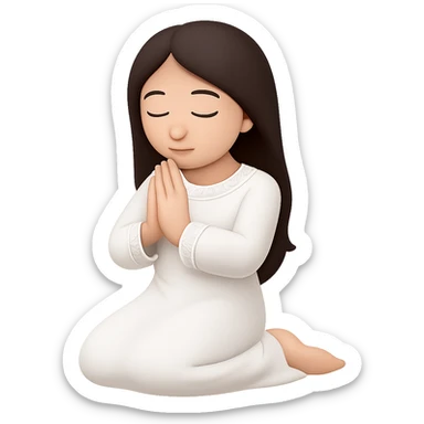 Change the dress to white robes, keep the woman kneeling and praying, long dark brown hair, in emoji style. Remove the background. sticker