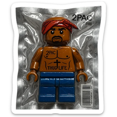 Lego minifigure styled as 2Pac (Tupac Shakur), with bandana, tattoos, and iconic look, glossy and puffy sticker