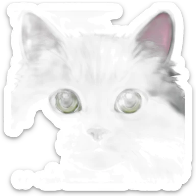 fluffy dark grey cat with pink nose, green eyes and white long whiskers, near the nose there are white spots sticker