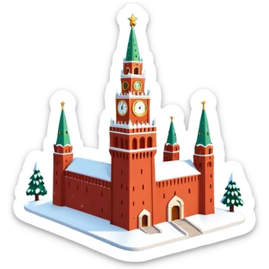 Apple iOS style emoji of the Moscow Kremlin Spasskaya Tower, winter
New Year edition. Red brick texture, snowy roof, golden clock face. Small festive garland with glowing lights wrapped around the tower. Bright red glowing star on top. 3D isometric  sticker
