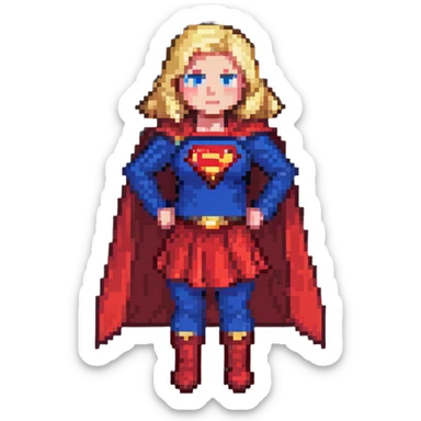 Supergirl superhero full body, blue suit with red skirt, red cape, blonde hair, and S emblem on chest sticker