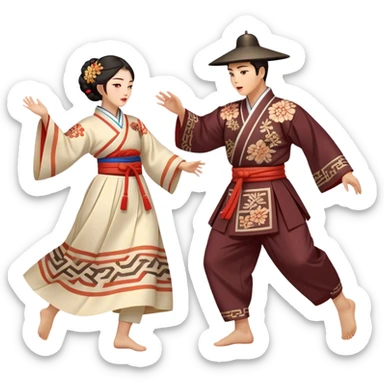 Cinematic Realistic scene of two performers engaging in Ganggangsullae, dressed in traditional Korean costumes with intricate patterns and graceful movements, illuminated by soft, festive lighting that accentuates the cultural ambiance sticker