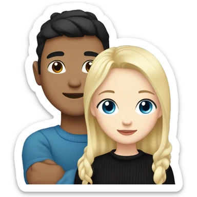 Blonde girl with blue eyes in black sweater and an east asian with light skin man with black hair and black eyes hugging sticker
