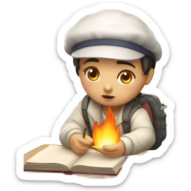 cute korean student studying hard with big fire sticker