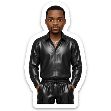 Jay-Z with black hair, black metallic shirt, black metallic baggy pants, silver necklace sticker