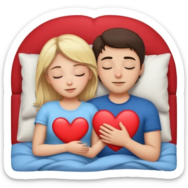 cuddling in bed, asleep. blonde girl. brunette man. eyes closed. heart between them. sticker