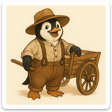 a cheerful and determined penguin in pioneer clothing, including a wide-brimmed hat and suspenders, standing next to a wooden handcart, minimal background sticker