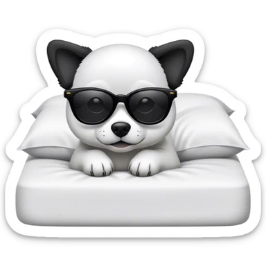 Perro blanco y negro pequeño con gafas de sol en una cama sticker