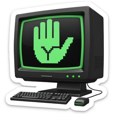 Retro computer monitor with pixelated "ASL?" sticker