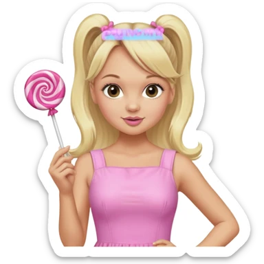 Emma Bunton with long blonde ponytails wearing light pink body dress holding a lollipop sticker
