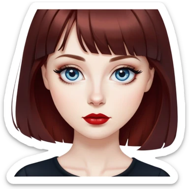 Artistic woman with pale skin, oval face, large blue eyes with eyeliner, thin eyebrows, small nose, red lipstick, dark auburn hair with bangs and slight waves, wearing a stylish black top, creative expression sticker