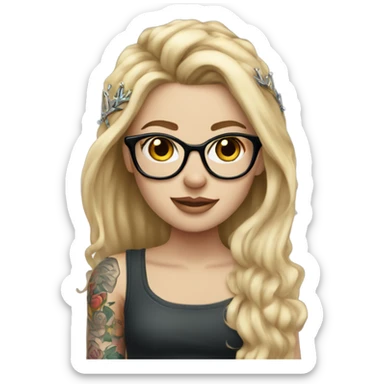 beautiful white girl with tattoos, wearing a crown and glasses with long blond hair  sticker
