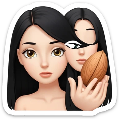 White girl with long oval shaped face, large almond shaped eyes with long eyelashes, long straight black hair falling in front of her bare shoulders, face closeup sticker