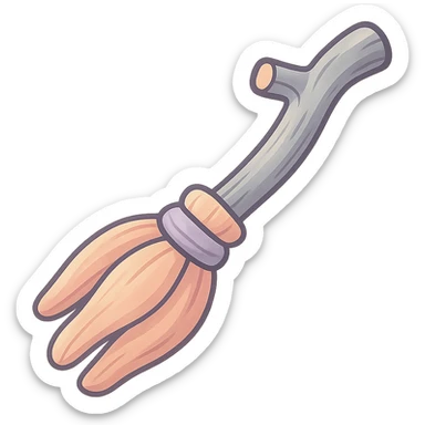 Edit the image of a witch's broom with a curved handle and three large twigs, volumetric with detailed shadows and highlights. The texture of the handle and twigs should be well defined. Use thin clean contours and soft rounded shapes in a pastel palette #98B5BC, #B5B3C1, #C9A3C9, #E4C0CA, #F7DCD1, #F7C0AA. The style should reflect modern Japanese pop art and sticker aesthetics with soft lighting and a transparent background. sticker