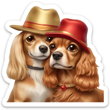 Two dogs hugging each other full-length. One is a long-haired beige Chihuahua with red strands and protruding ears. The second is a red cocker spaniel. They are both wearing New Year's hats, the cocker is bigger than the Chihuahua. sticker